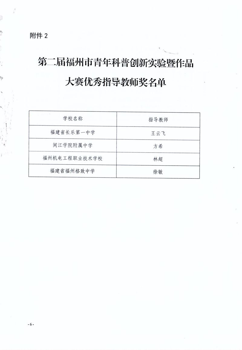 福州市科學技術協會 福州市教育局 共青團福州市委關于公布第二屆福州市青年科普創新實驗暨作品大賽獲獎名單的通知 